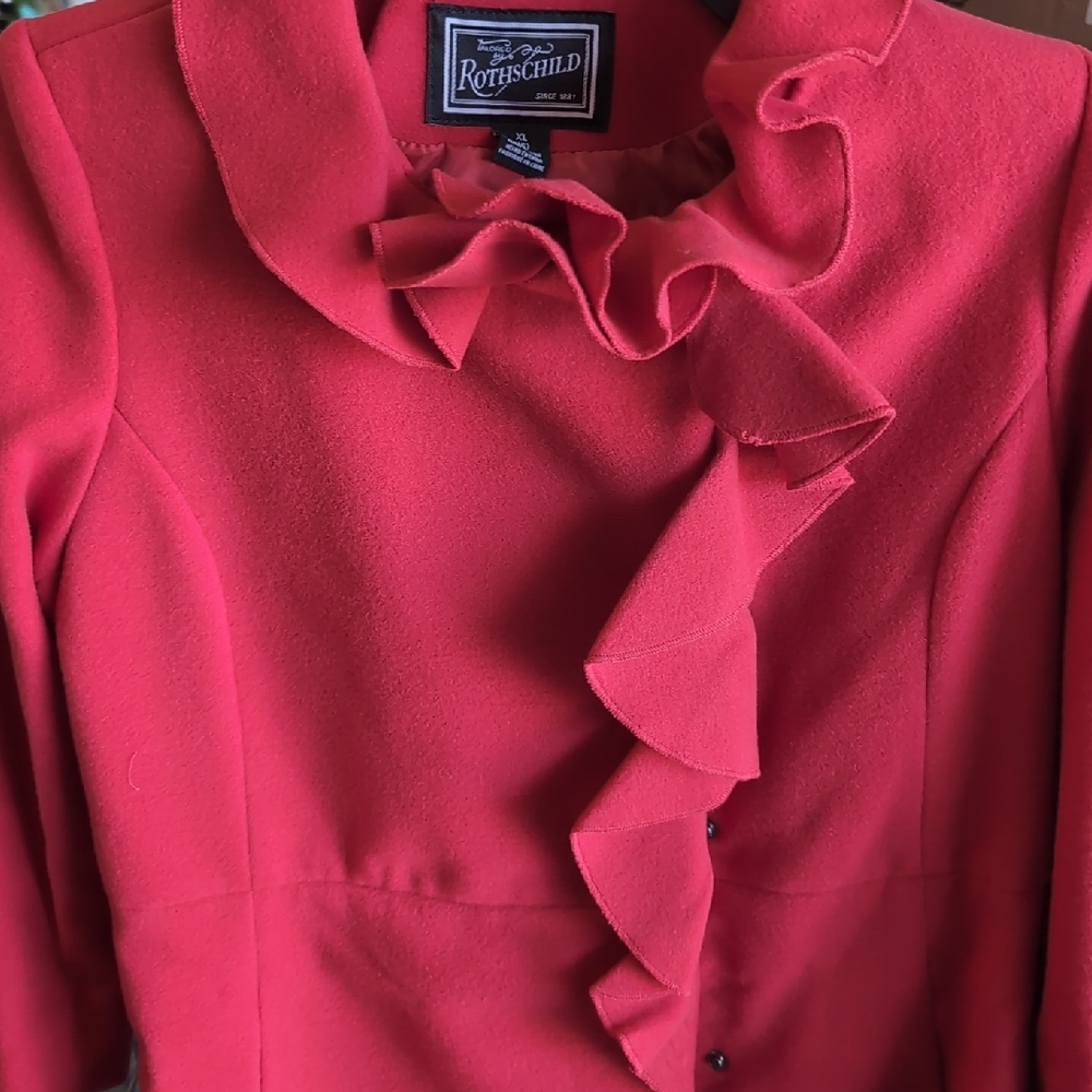 Rothschild Red Trench Coat with High Collar and Ruffle - Picture 3 of 7
